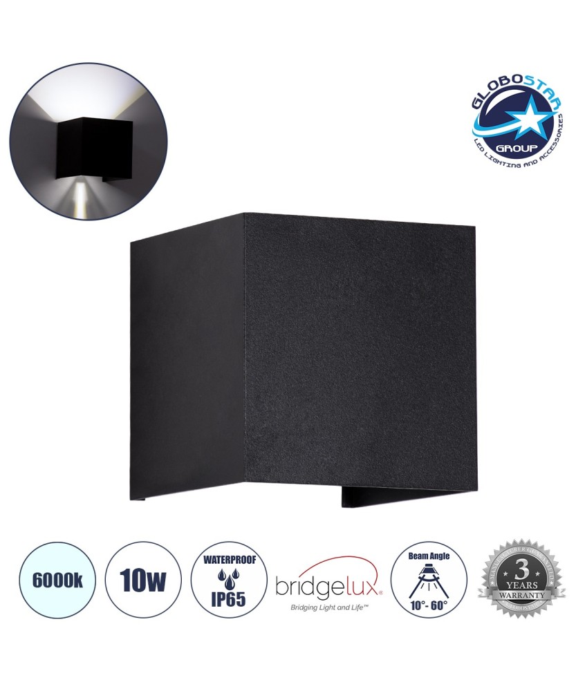 GLOBOSTAR® AXIS-S 60568 Μοντέρνο Φωτιστικό Τοίχου - Απλίκα LED 10W 1250lm 5°-60° AC 220-240V Αδιάβροχο IP65 Ψυχρό Λευκό 6000K - Bridgelux COB Chip & TÜV SÜD Driver - Μαύρο Ματ - Μ10 x Π10 x Υ10cm - 5 Χρόνια Εγγύηση